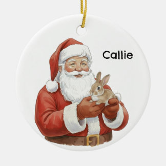Personalized Santa with a cottontail rabbit Julgransprydnad Keramik