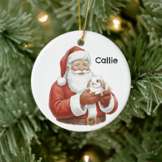 Personalized Santa with a Holland Lop Bunny Rabbit Julgransprydnad Keramik