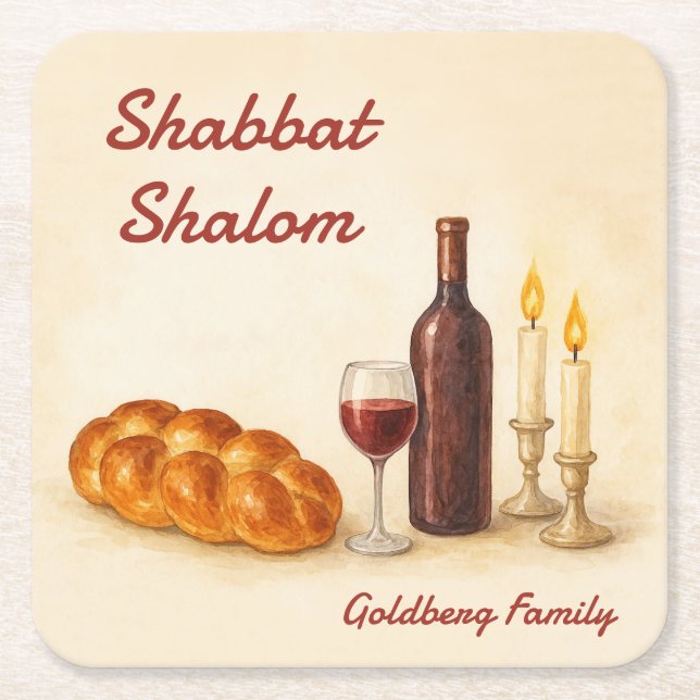Personalized Shabbat Shalom Watercolor Coaster  Underlägg Papper Kvadrat (Framsidan)
