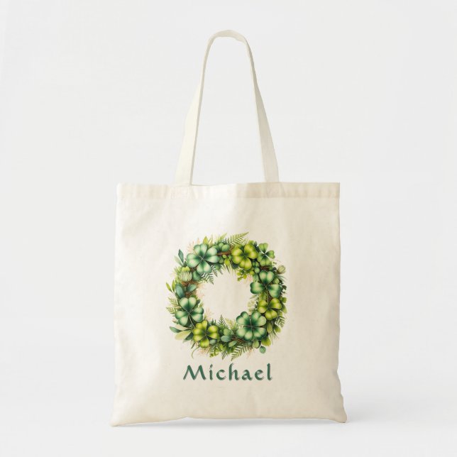 Personalized Shamrock Wreath Botanical Tote Bag Tygkasse (Framsidan)
