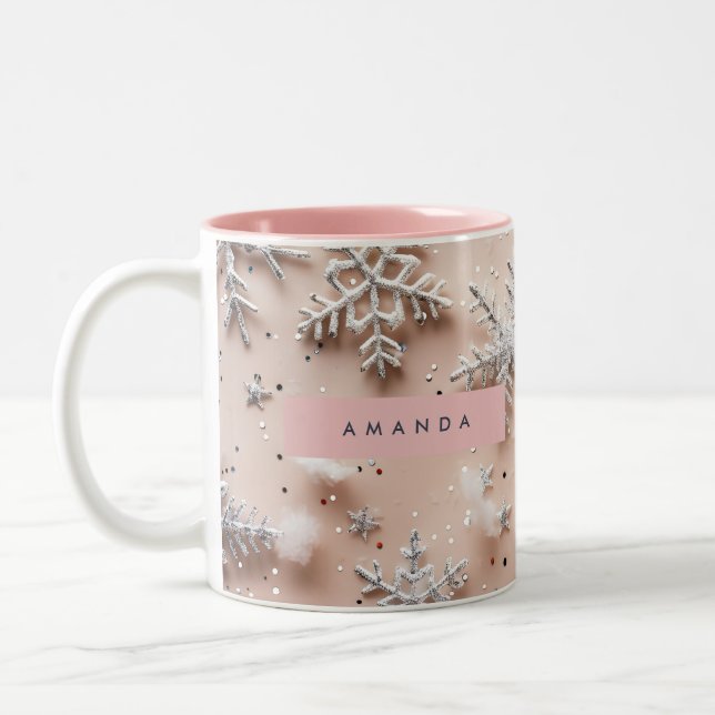 Personalized Silver Glitter Snowflake  Två-Tonad Mugg (Vänster)