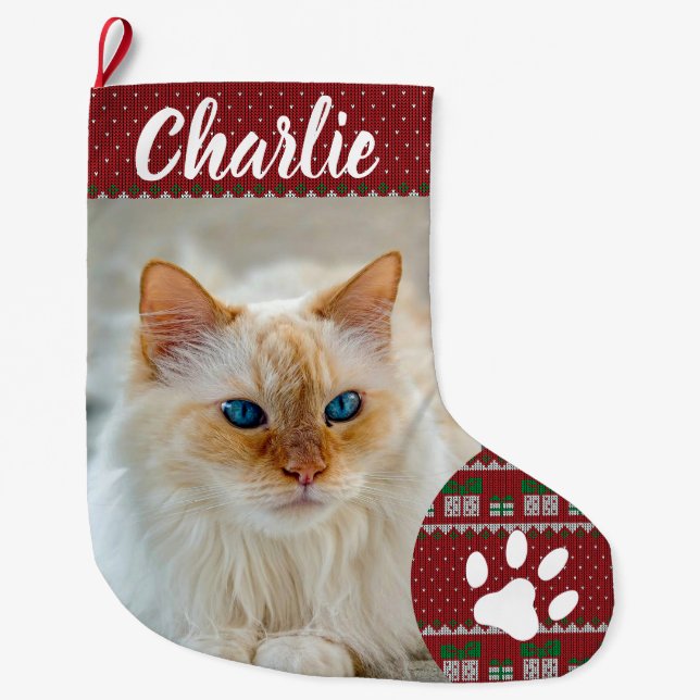 Personalized Simple Paw Pet Photo Monogram Name Stor Julstrumpa (Framsidan)