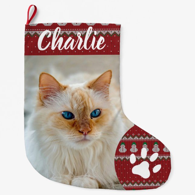 Personalized Simple Paw Pet Photo Monogram Name Stor Julstrumpa (Framsidan)
