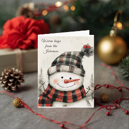 Personalized Snowman Plaid Christmas Family Name Helgkort