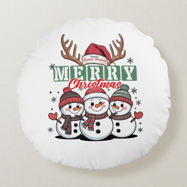 Personalized Snowman Trio Round Pillow  Rund Kudde (Framsidan)