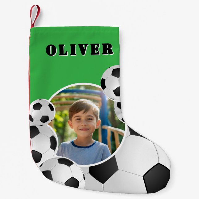 Personalized Soccer Ball Football Boy Photo  Liten Julstrumpa (Framsidan)