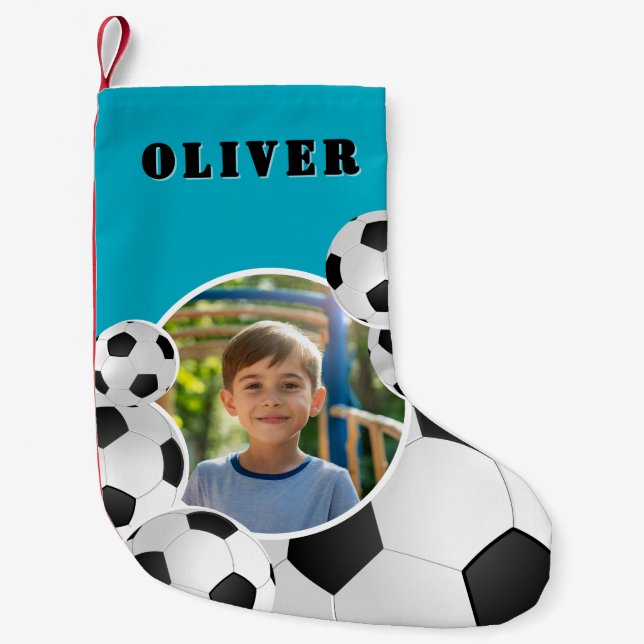 Personalized Soccer Ball Football Boy Photo  Liten Julstrumpa (Framsidan)