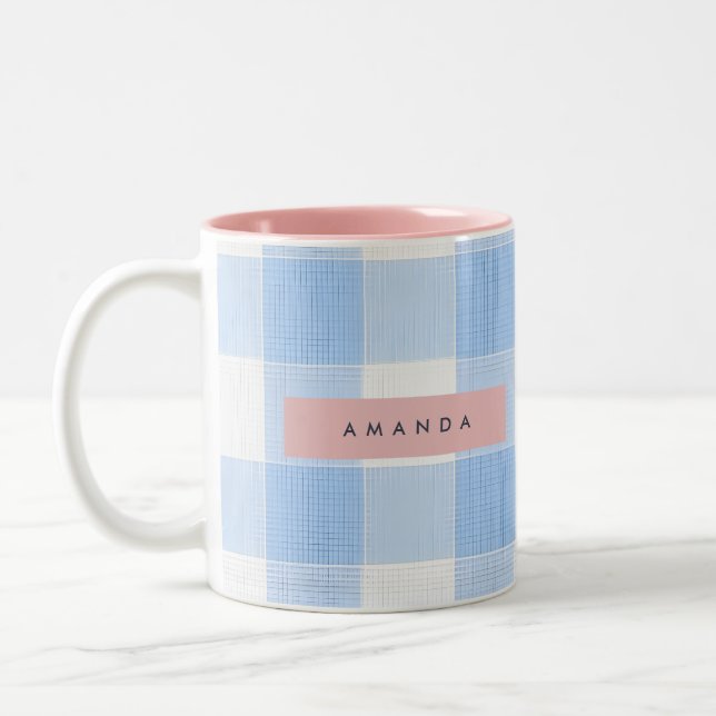 Personalized Soft Pastel Sky Blue Gingham  Två-Tonad Mugg (Vänster)