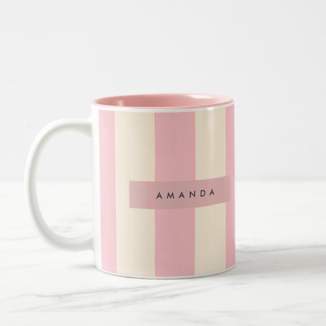 Personalized Soft Pink and Cream Stripe Två-Tonad Mugg (Vänster)