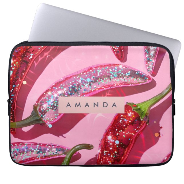 Personalized Sparkling Hot Pink Glitter Chili Laptop Fodral (Framsidan)