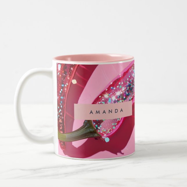 Personalized Sparkling Hot Pink Glitter Chili Två-Tonad Mugg (Vänster)