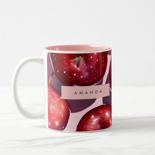 Personalized Sparkling Red Apple Pink Background Två-Tonad Mugg (Vänster)