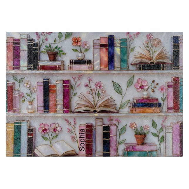 Personalized Stained Glass Bookshelf Cutting Board (Framsidan)