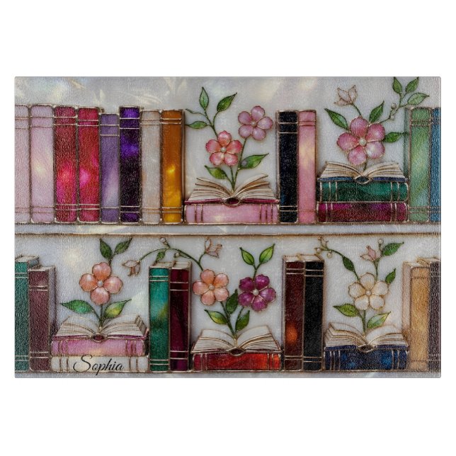 Personalized Stained Glass Bookshelf Cutting Board (Framsidan)