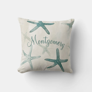 Personalized Starfish Green Beige Coastal Kudde