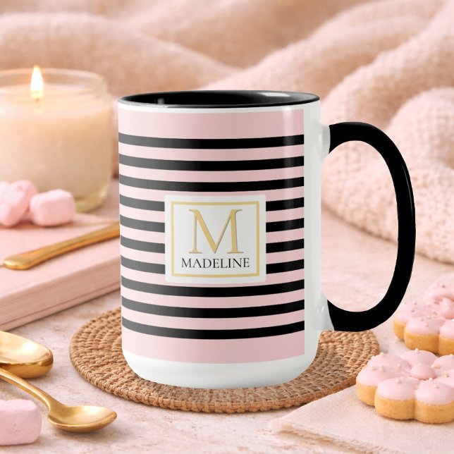 Personalized Stripe Name Mug Pink Två-Tonad Mugg (Skapare uppladdad)