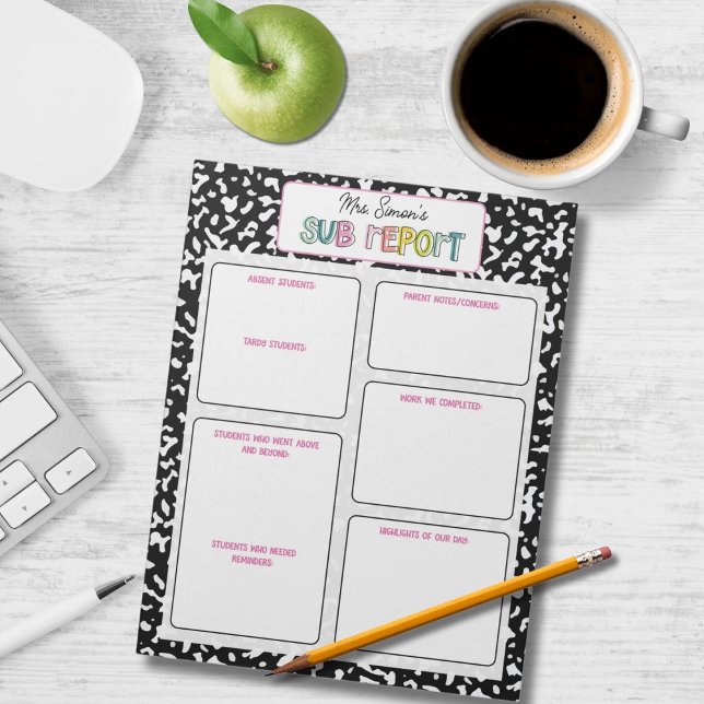 Personalized Substitute Teacher Report Note Anteckningsblock (Skapare uppladdad)