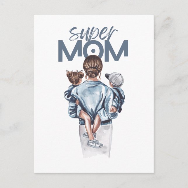 Personalized Super Mom with Son and Daughter Gift Helg Vykort (Framsida)