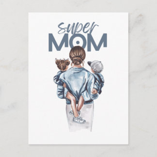 Personalized Super Mom with Son and Daughter Gift Vykort
