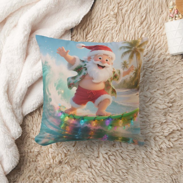 Personalized Surfing Santa Tropical Christmas Kudde (Filt)