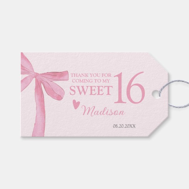 Personalized Sweet 16 Birthday Coquette Pink Bow  Presentetikett (Framsidan (Horisontell))
