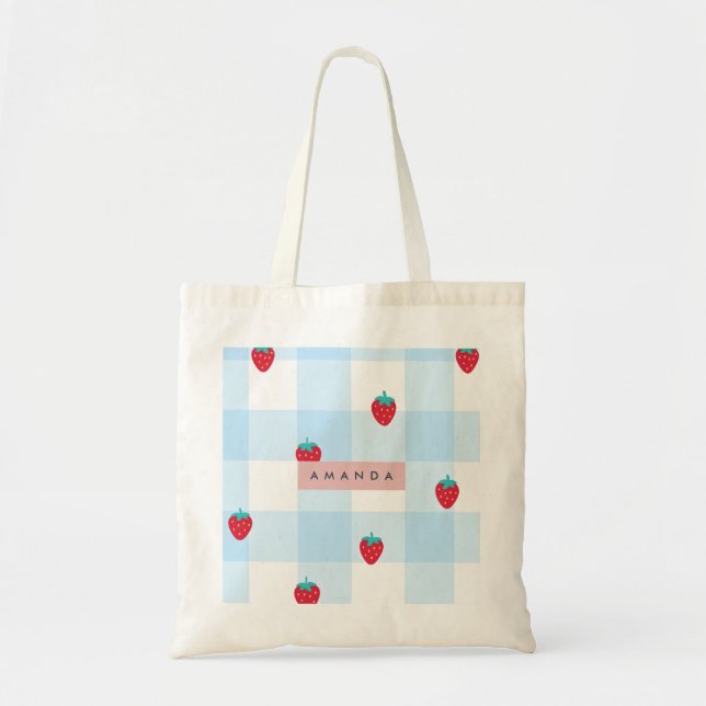 Personalized Sweet Strawberry Gingham Blue Tygkasse (Framsidan)