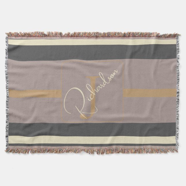 Personalized Taupe Gold Stripe Modern Neutral Chic Filt (Framsidan)