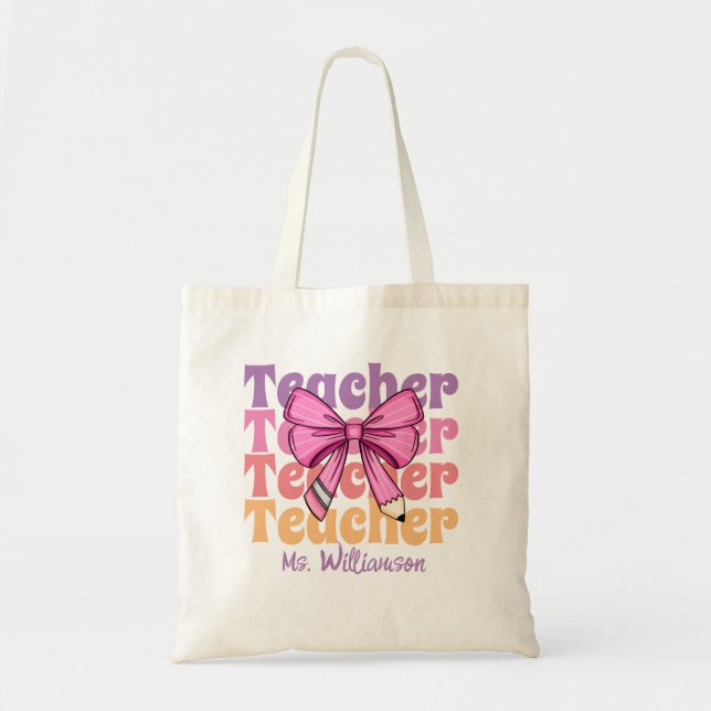 Personalized Teacher Pink Coquette Bow Tygkasse (Framsidan)