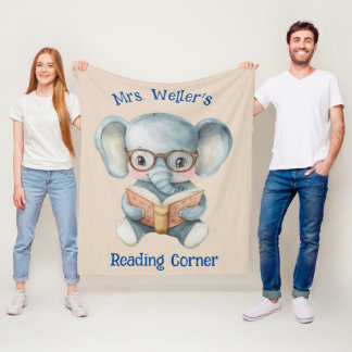 Personalized Teacher Watercolor Elephant Reading Fleecefilt