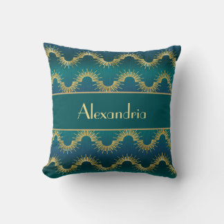 Personalized Teal & Gold Art Deco Sunburst Name Kudde