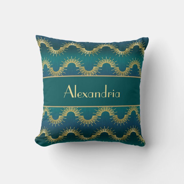 Personalized Teal & Gold Art Deco Sunburst Name Kudde (Framsida)