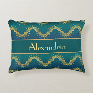 Personalized Teal & Gold Art Deco Sunburst Name Prydnadskudde