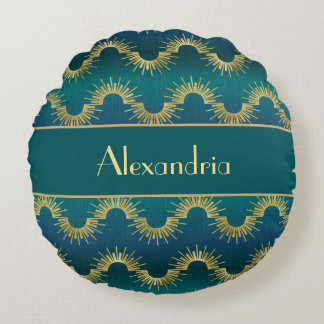Personalized Teal & Gold Art Deco Sunburst Name Rund Kudde