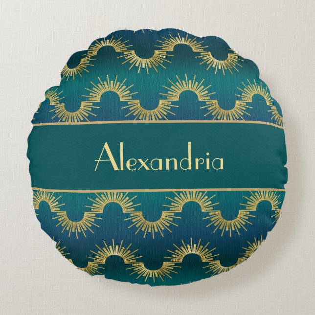 Personalized Teal & Gold Art Deco Sunburst Name Rund Kudde (Framsidan)