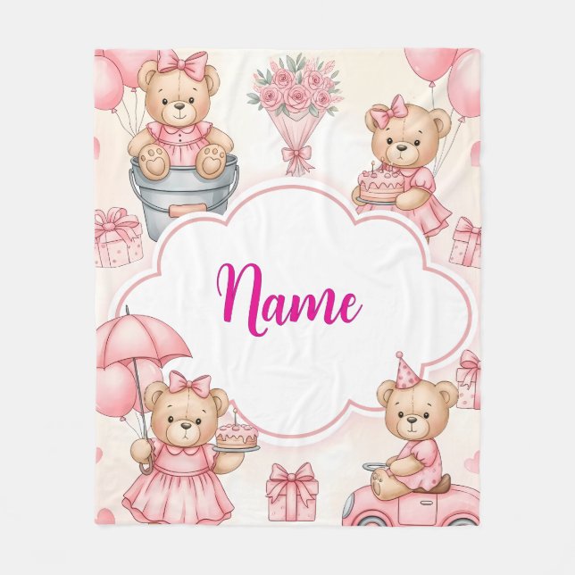 Personalized Teddy Bear Baby Blanket with Name Fleecefilt (Framsidan)