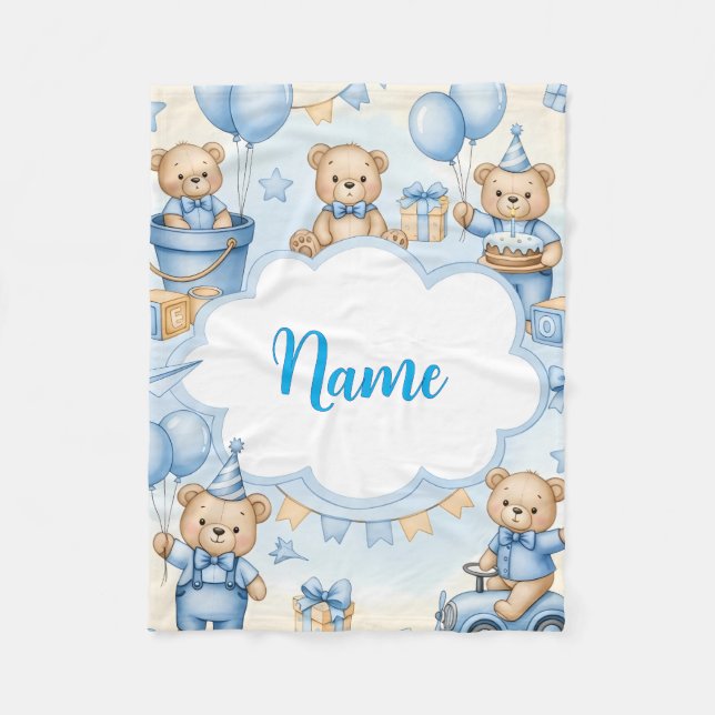 Personalized Teddy Bear Baby Blanket with Name Fleecefilt (Framsidan)