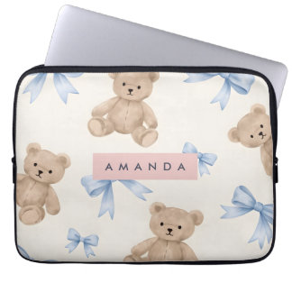 Personalized Teddy Bear & Blue Bow Pattern Laptop Fodral