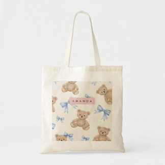 Personalized Teddy Bear & Blue Bow Pattern Tygkasse