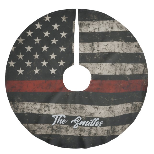 Personalized Thin Red Line American Flag Julgransmatta Borstad Polyester (Framsidan)