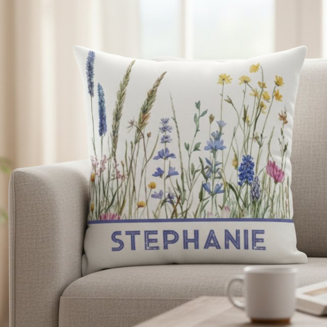 Personalized Throw Pillow – Watercolor Wildflowers Kudde (Wildflower personalized throw pillow)