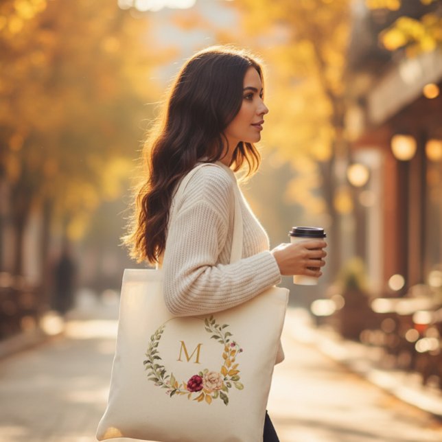 Personalized Tote Bag  Monogram Autumn Floral  Tygkasse (Skapare uppladdad)