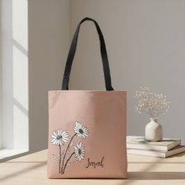 Personalized Tote Bag with White and Black Daisies Tygkasse