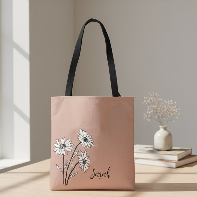 Personalized Tote Bag with White and Black Daisies Tygkasse (Skapare uppladdad)