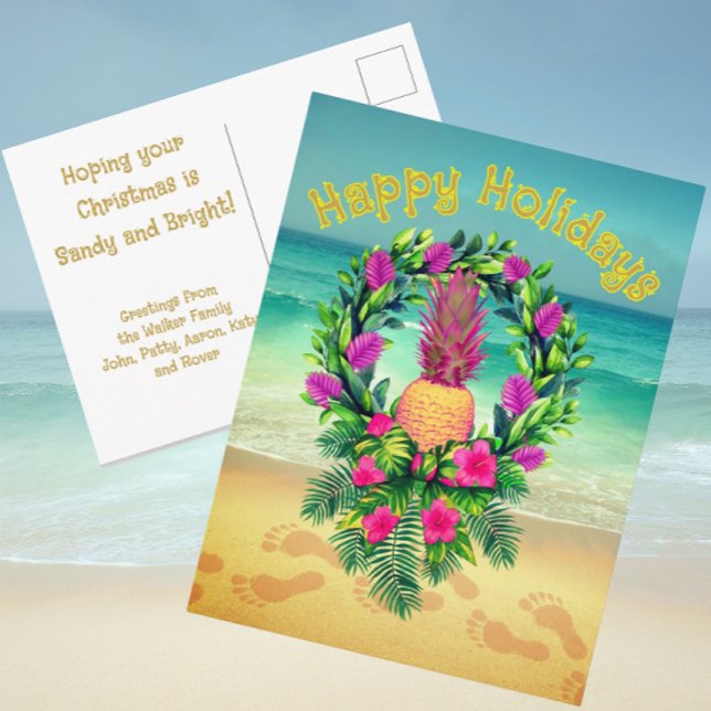 Personalized Tropical Christmas Holiday Pineapple Vykort (Thrifty holiday postcards can be personalized with your own message!)