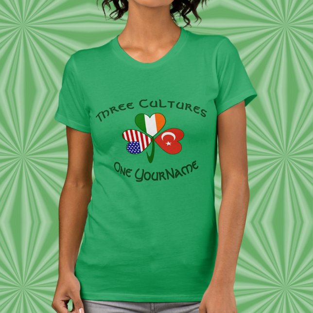Personalized Turkey Ireland USA Shamrock Women's T Shirt (Women’s tee with Turkey‑Ireland‑USA shamrock and personalized Three Cultures design.)