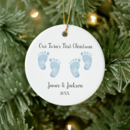 Personalized Twin Baby Boys Blue Footprint Julgransprydnad Keramik