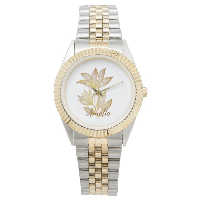 Personalized Two-Tone Golden Floral Watch Armbandsur (Framsida)
