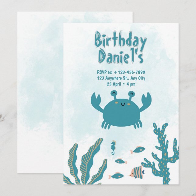 Personalized Under the Sea Crab Birthday Invitatio Inbjudningar (Fram/baksida)