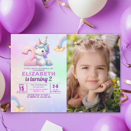 Personalized Unicorn 2nd Birthday Photo Invitation Inbjudningar