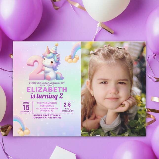 Personalized Unicorn 2nd Birthday Photo Invitation Inbjudningar (Skapare uppladdad)